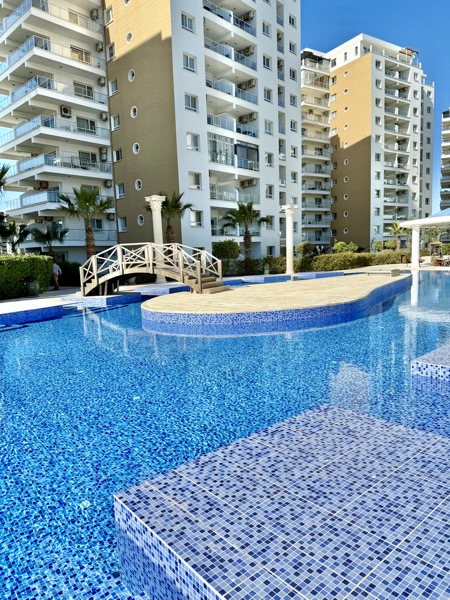 Resort pool with arched bridge