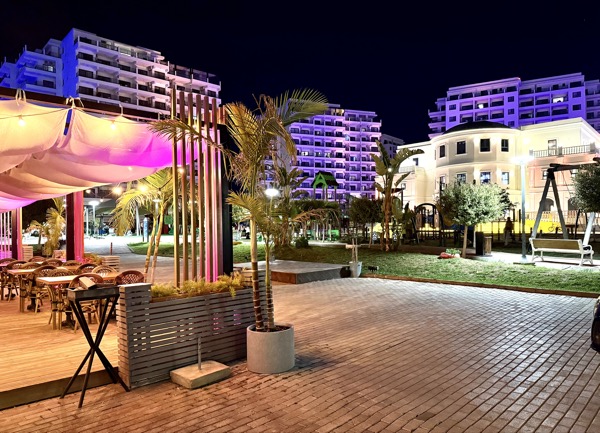 Resort outdoor dining at night
