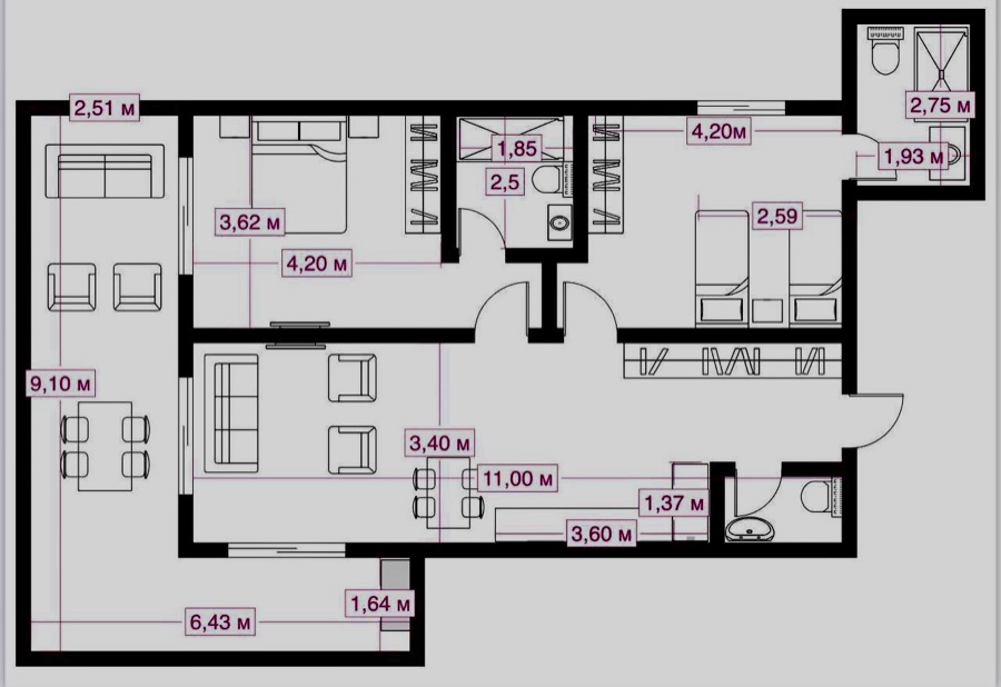 Apartment floor plan with dimensions