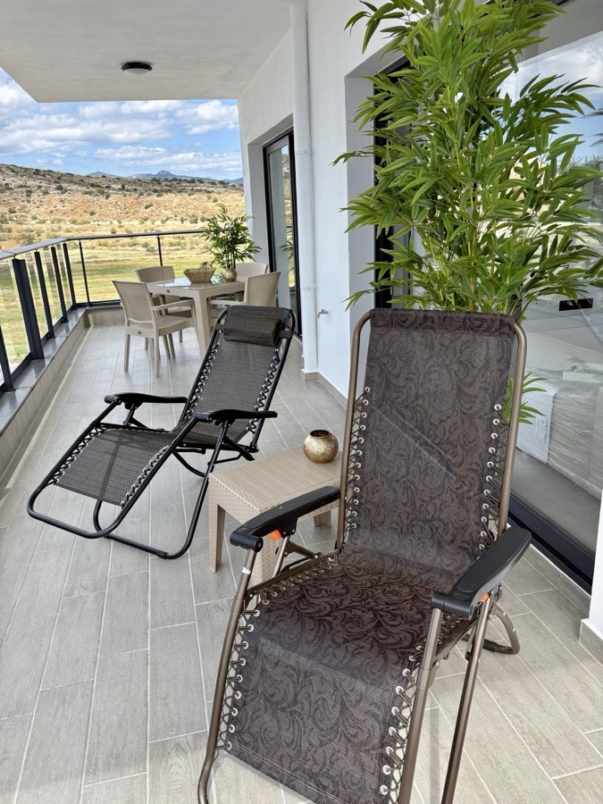 Spacious terrace — sun loungers and nature view