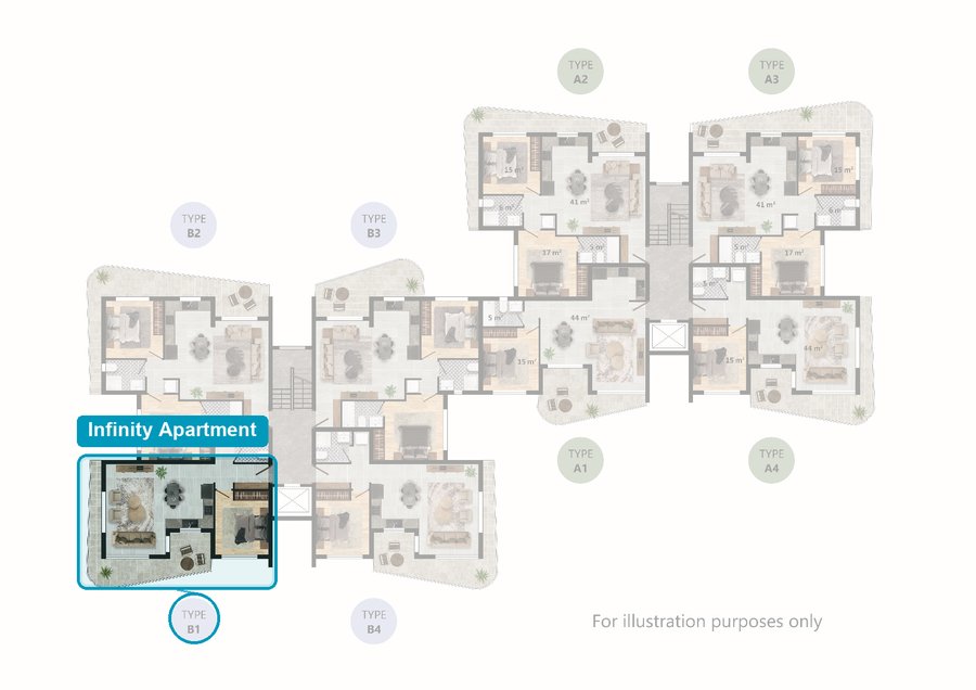Floor plan of the residence with the Infinity apartment (type B1) highlighted