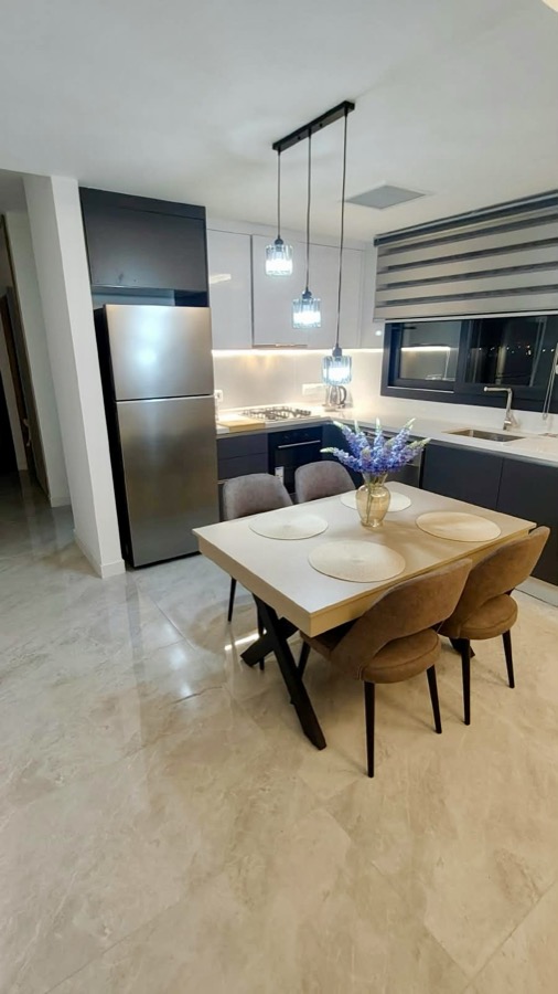 Kitchen and dining table in the evening light